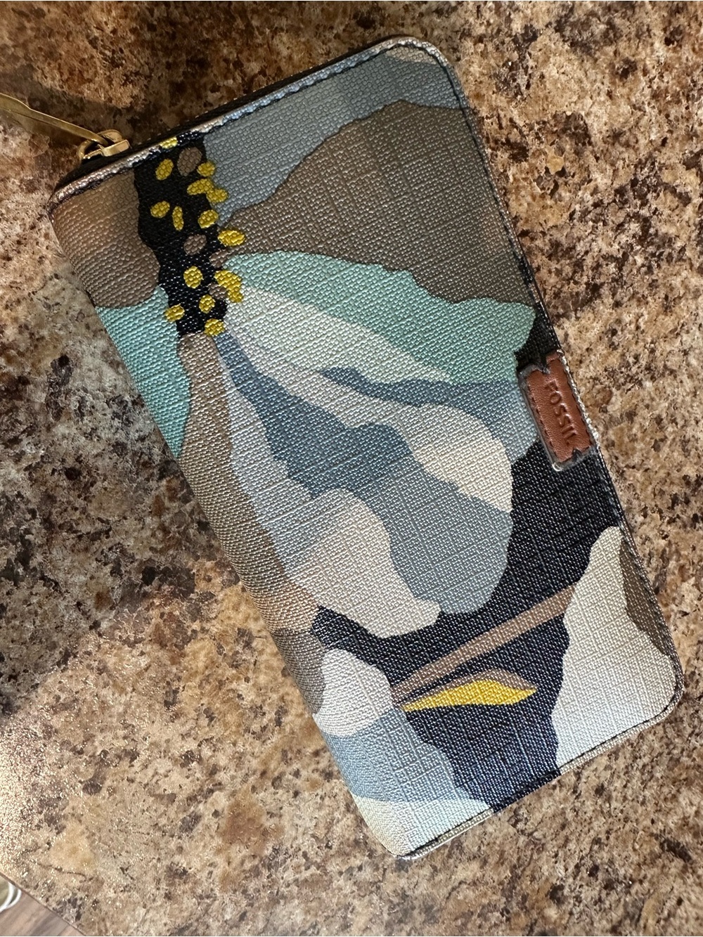Fossil Multicolor Floral Zip Wallet in Blue, Tan & Black